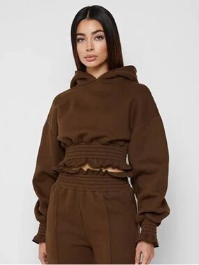 Maniere De Voir Brown Smocked Cropped Hoodie